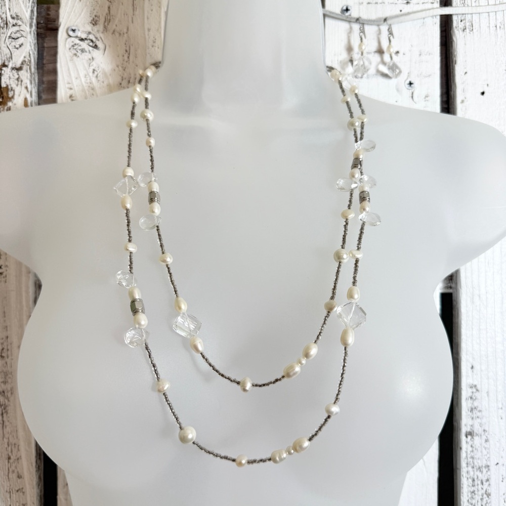 VTG Costume Jewelry 1920 Flapper Style Necklace Earrings Faux Pearl Crystal Prop